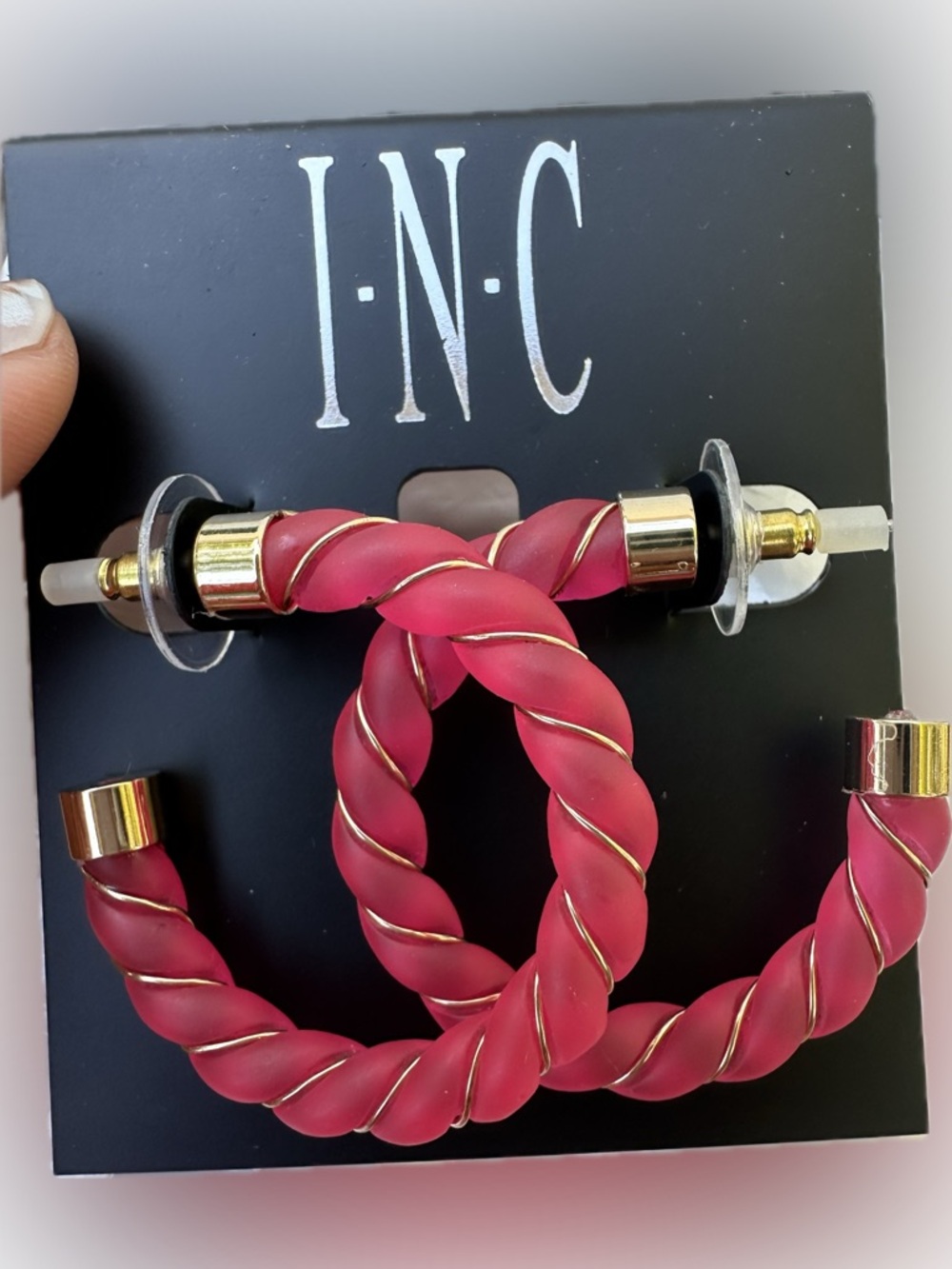 I•N•C half transparent jelly pink hoop earrings 1.5 inches loop gold tone